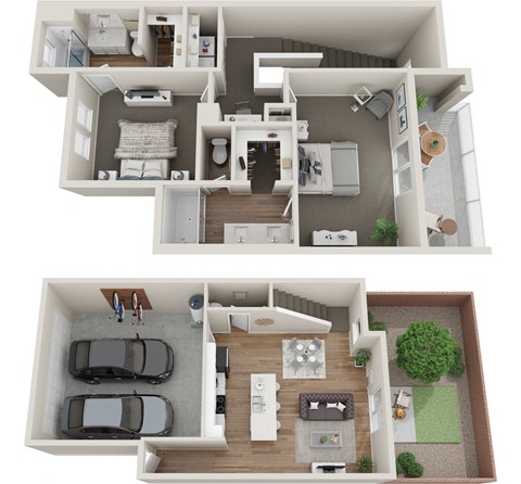 a stylized floor plan of a two story house with a garage and a carport